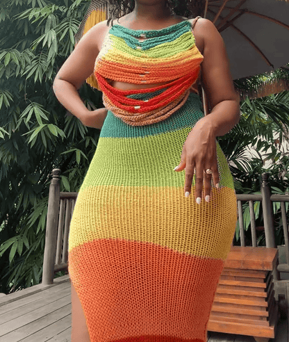 Color Block Stripe Crochet Beach Maxi Dress