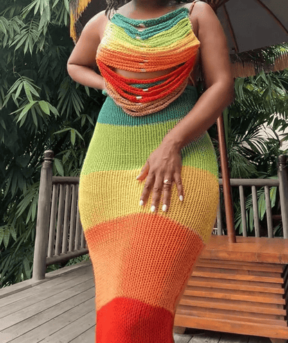 Color Block Stripe Crochet Beach Maxi Dress
