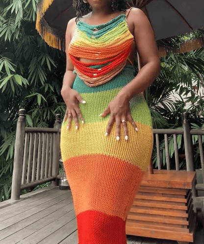 Color Block Stripe Crochet Beach Maxi Dress