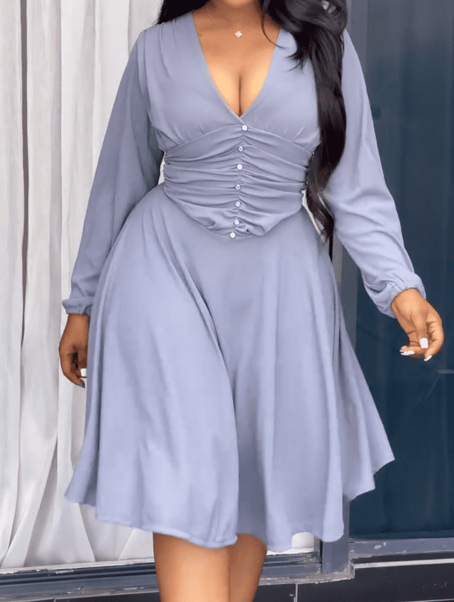 Blue V-neck long-sleeved dress