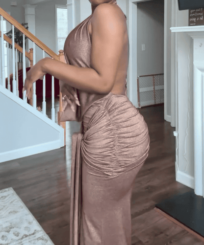 Plunge Drape Ruched Maxi Dress