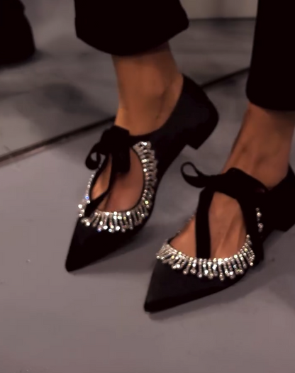 Silver Diamond Tassel Black Flats