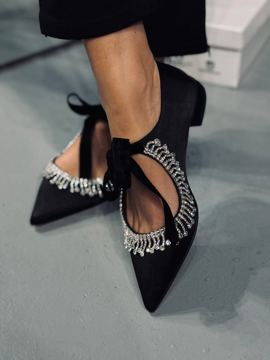 Silver Diamond Tassel Black Flats