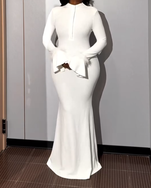 White Long Sleeve Button Elegant Maxi Dress