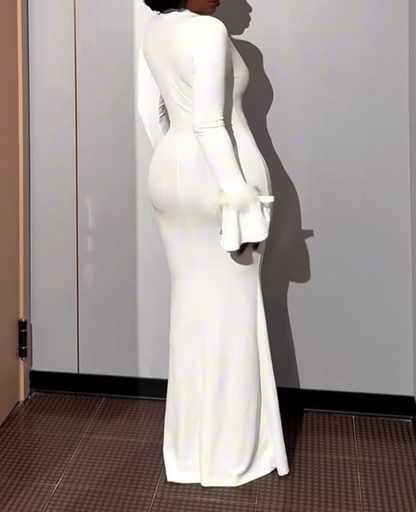 White Long Sleeve Button Elegant Maxi Dress