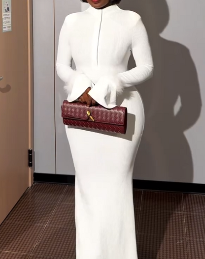 White Long Sleeve Button Elegant Maxi Dress