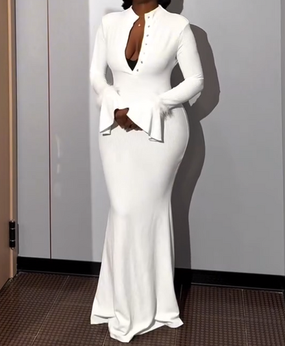 White Long Sleeve Button Elegant Maxi Dress