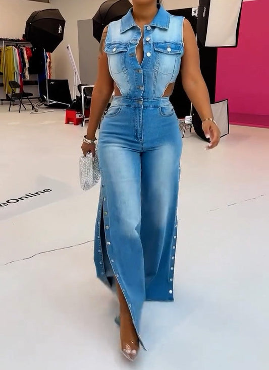Sleeveless Waist Cutout Denim Button Jumpsuit