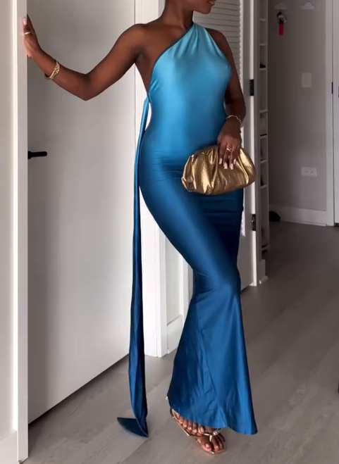Sleeveless One-Shoulder Gradient Maxi Dress