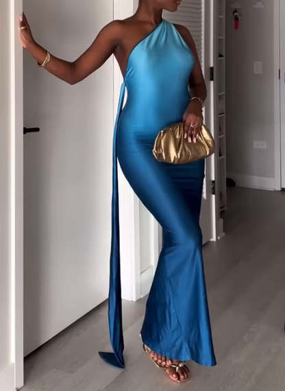 Sleeveless One-Shoulder Gradient Maxi Dress