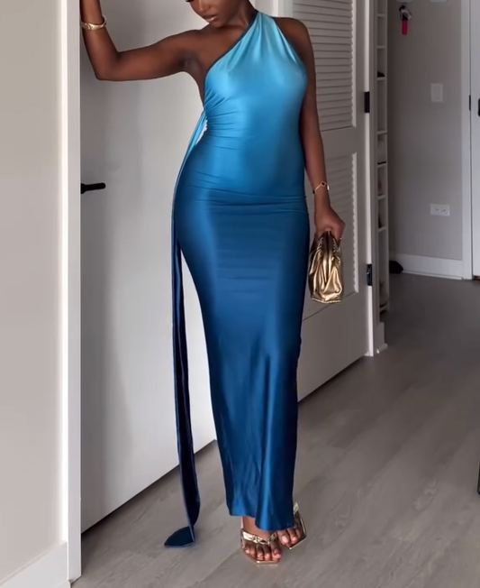 Sleeveless One-Shoulder Gradient Maxi Dress
