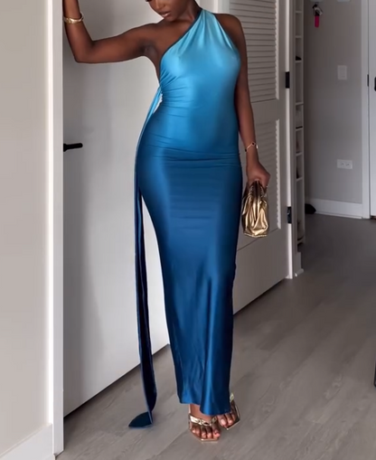 Sleeveless One-Shoulder Gradient Maxi Dress