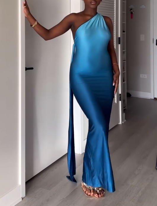 Sleeveless One-Shoulder Gradient Maxi Dress