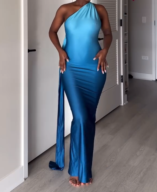 Sleeveless One-Shoulder Gradient Maxi Dress