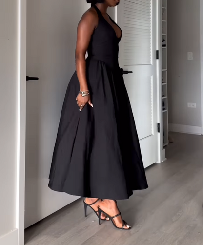 Solid Color V-Neck Waist-cinching Dress