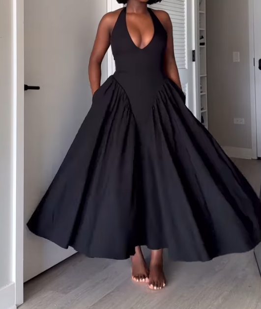 Solid Color V-Neck Waist-cinching Dress