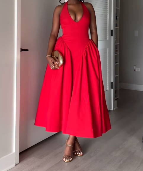 Solid Color V-Neck Waist-cinching Dress