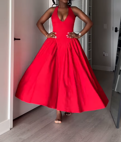 Solid Color V-Neck Waist-cinching Dress