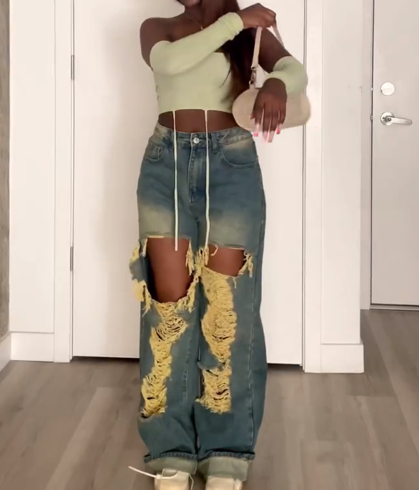 Vintage Wash Extreme Rip Straight Leg Jeans