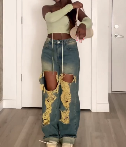 Vintage Wash Extreme Rip Straight Leg Jeans