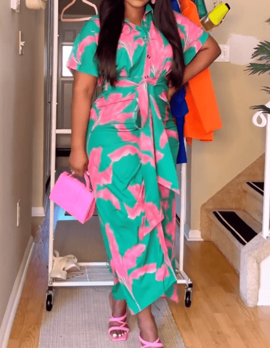 Floral Split Belted Midi Dress