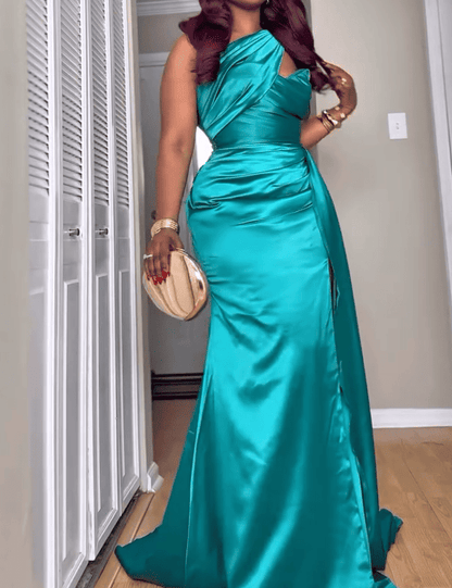 One-Shoulder Satin High Slit Evening Dresses
