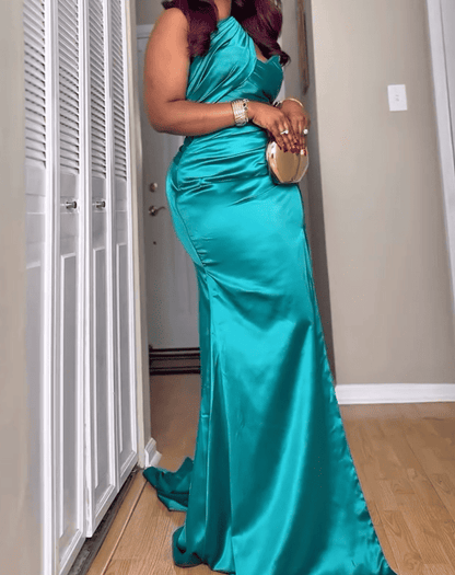 One-Shoulder Satin High Slit Evening Dresses