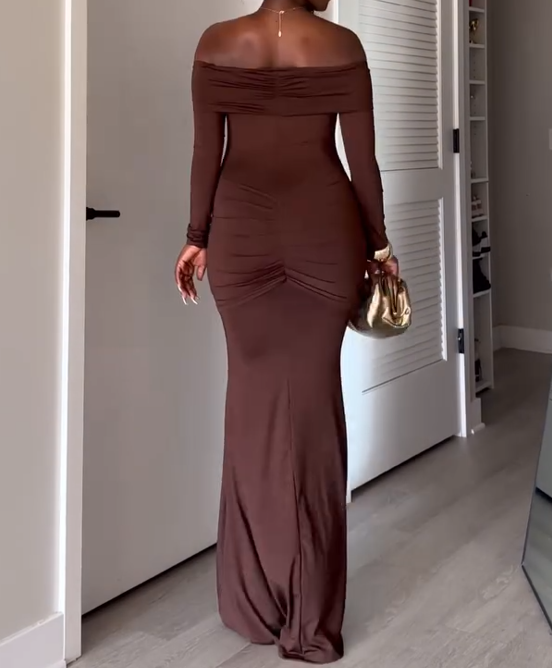 Long Sleeve Maxi Dress In Brown Slinky