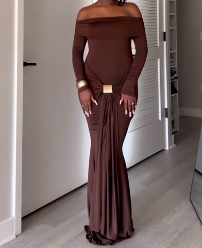 Long Sleeve Maxi Dress In Brown Slinky