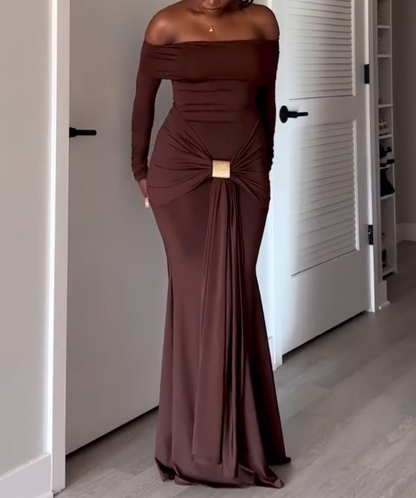 Long Sleeve Maxi Dress In Brown Slinky