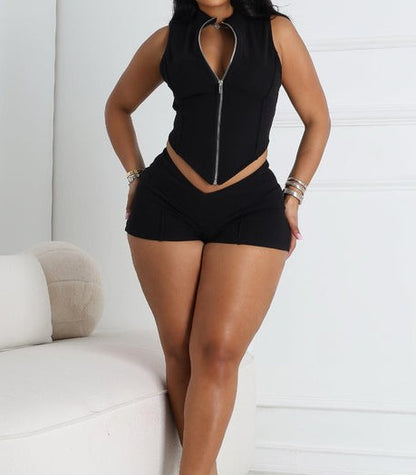 Classic Zip Up Cropped Tank Top & Shorts SET