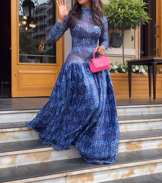 Blue Floral Long Sleeve Maxi Dress