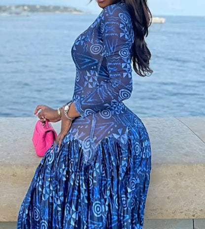 Blue Floral Long Sleeve Maxi Dress