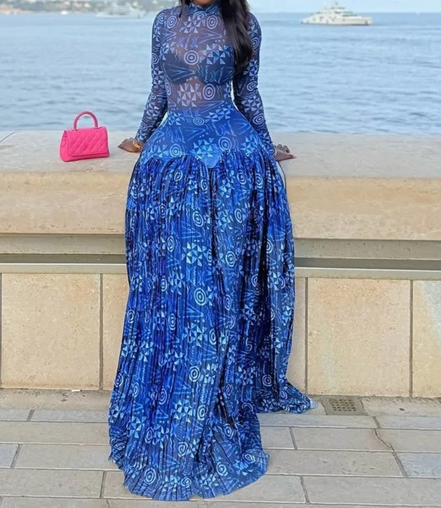Blue Floral Long Sleeve Maxi Dress