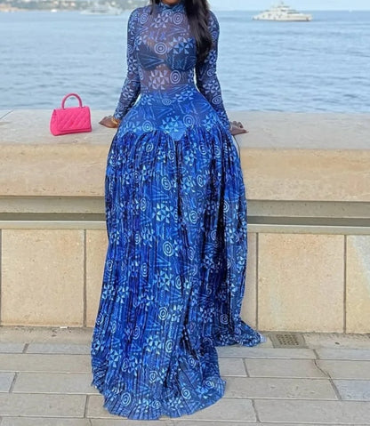Blue Floral Long Sleeve Maxi Dress