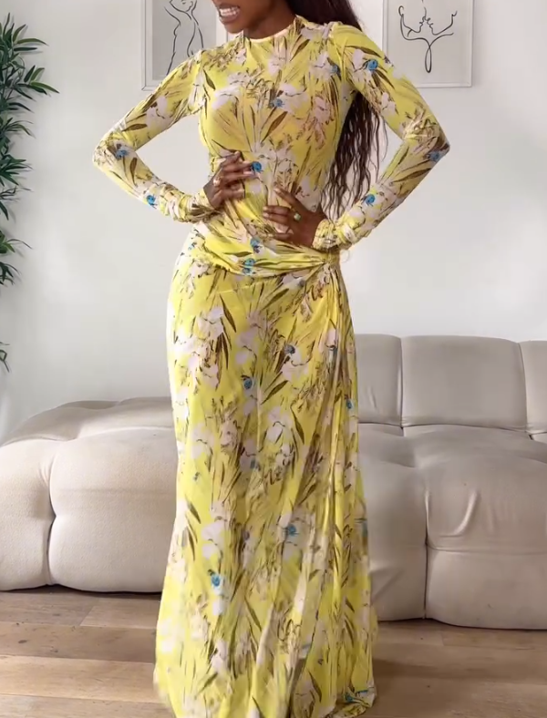 Yellow floral long-sleeved knot dress
