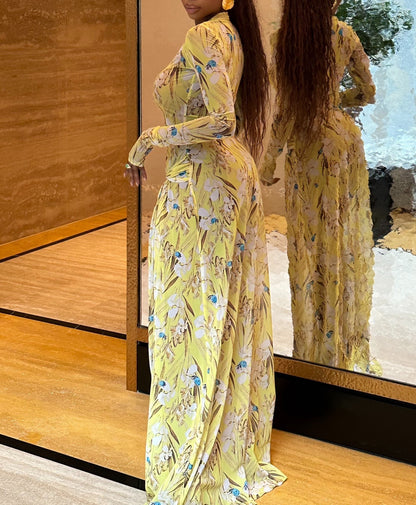Yellow floral long-sleeved knot dress