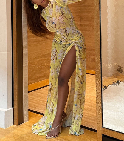 Yellow floral long-sleeved knot dress