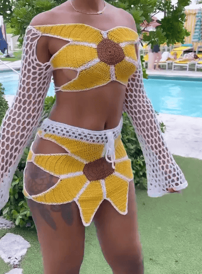 Sunflower Feel Crochet Mini Skirt Set