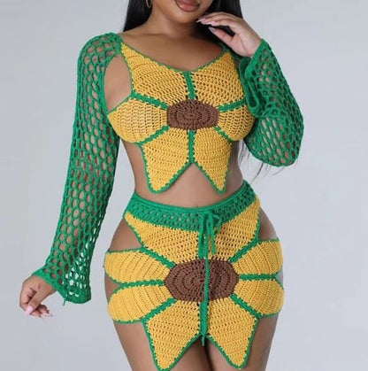 Sunflower Feel Crochet Mini Skirt Set
