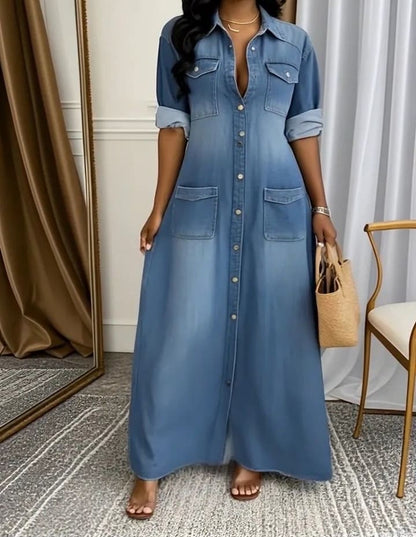 Ladies' Lapel Wash Water Splicing Pocket Casual Dress