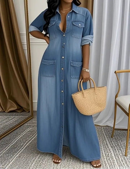 Ladies' Lapel Wash Water Splicing Pocket Casual Dress