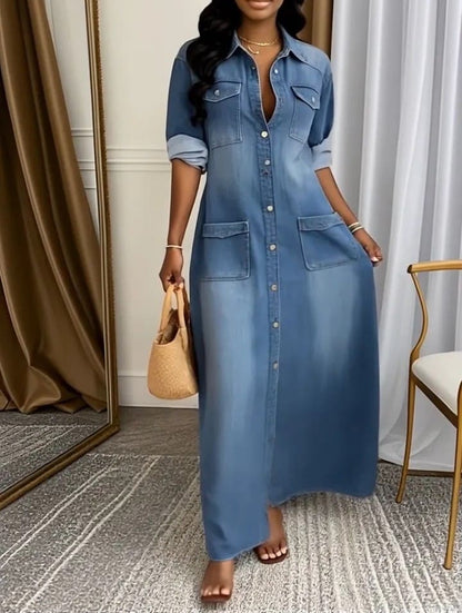 Ladies' Lapel Wash Water Splicing Pocket Casual Dress