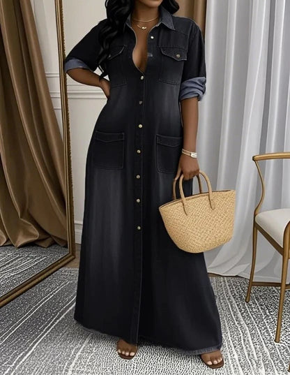 Ladies' Lapel Wash Water Splicing Pocket Casual Dress