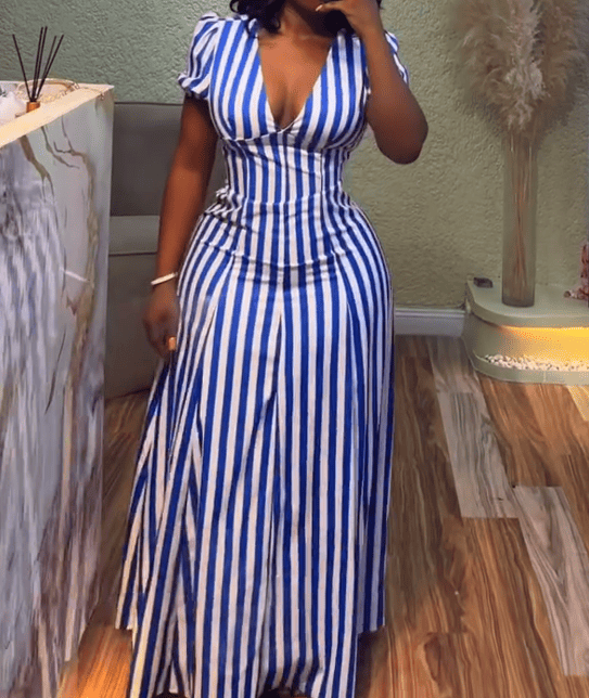 Elegant Striped V Neck Puff Sleeve Maxi Dresses
