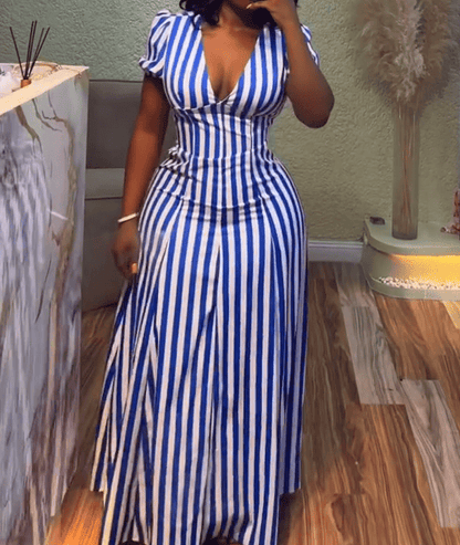 Elegant Striped V Neck Puff Sleeve Maxi Dresses