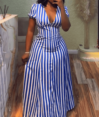 Elegant Striped V Neck Puff Sleeve Maxi Dresses