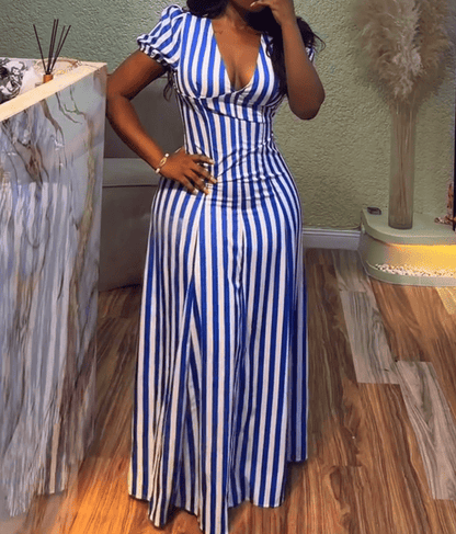 Elegant Striped V Neck Puff Sleeve Maxi Dresses