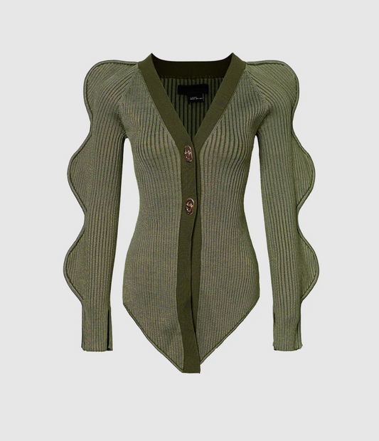 Wave Sleeve V-Neck Knitted Cardigan