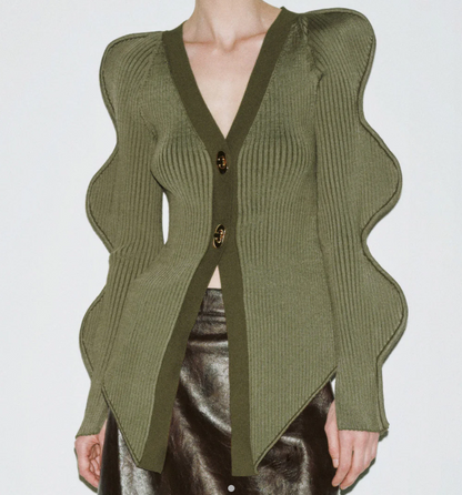 Wave Sleeve V-Neck Knitted Cardigan